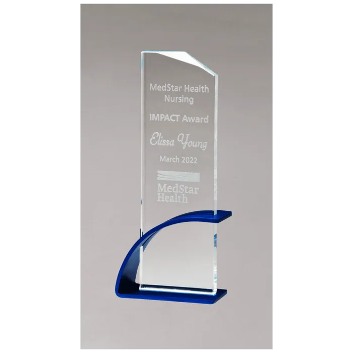 Thick Blue Contemporary Clear Glass Award, Arched Base with Matte Metallic Finish
