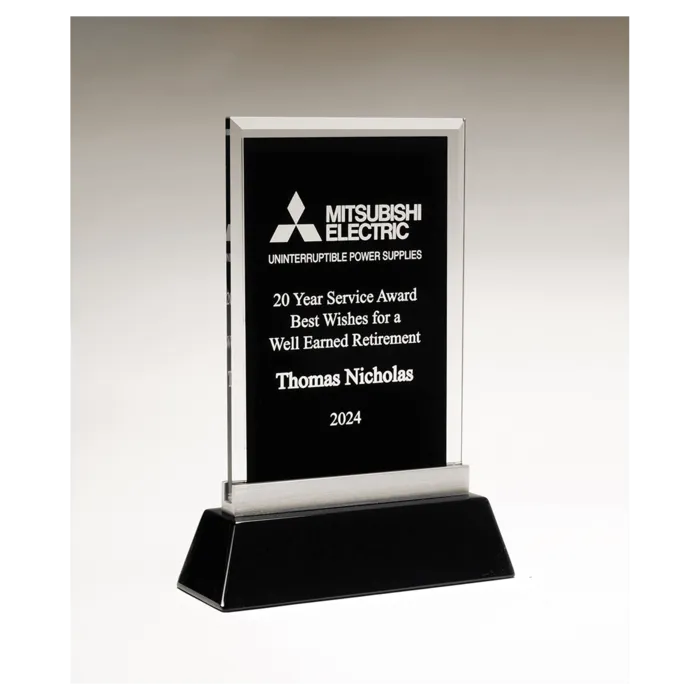 Rectangular Black Silkscreened Glass Award with Black Piano Finish Base