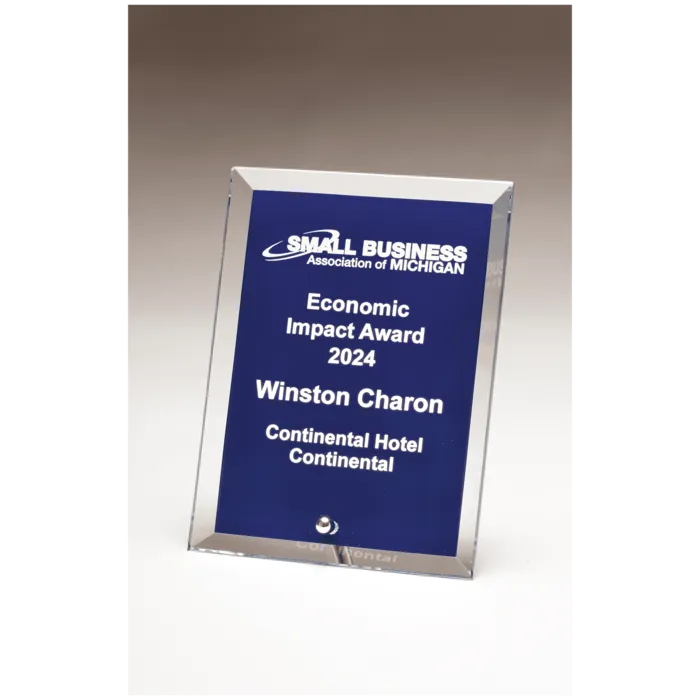 Clear Glass Plaque with Painted Blue Background, Silver Plated Easel Post