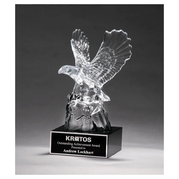 Beautiful Carved Crystal Eagle on a Black Crystal Base with Black Laserable Aluminum Plate