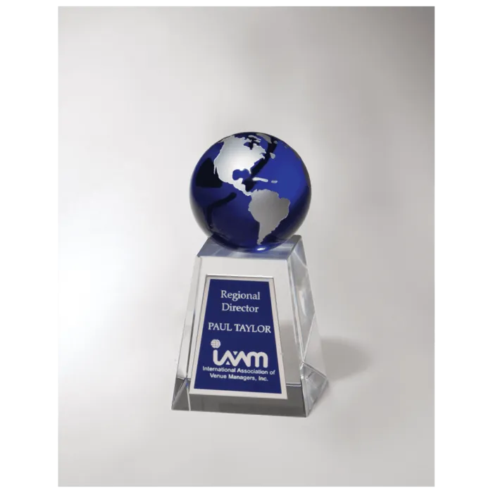 Crystal Trophy with Blue Globe and Blue/Silver Plate