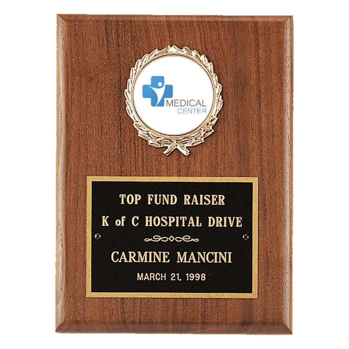 American Walnut Plaque with Gold Border Black Laserable Brass Plate and 2" Insert Holder- Witney Series (2" Inserts Sold Seperately)