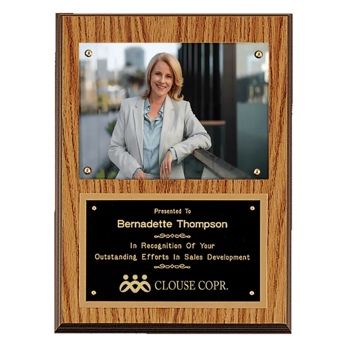 American Oak Finish Photo Plaque with Black Brass Plates-Photo Size 5" x 7"