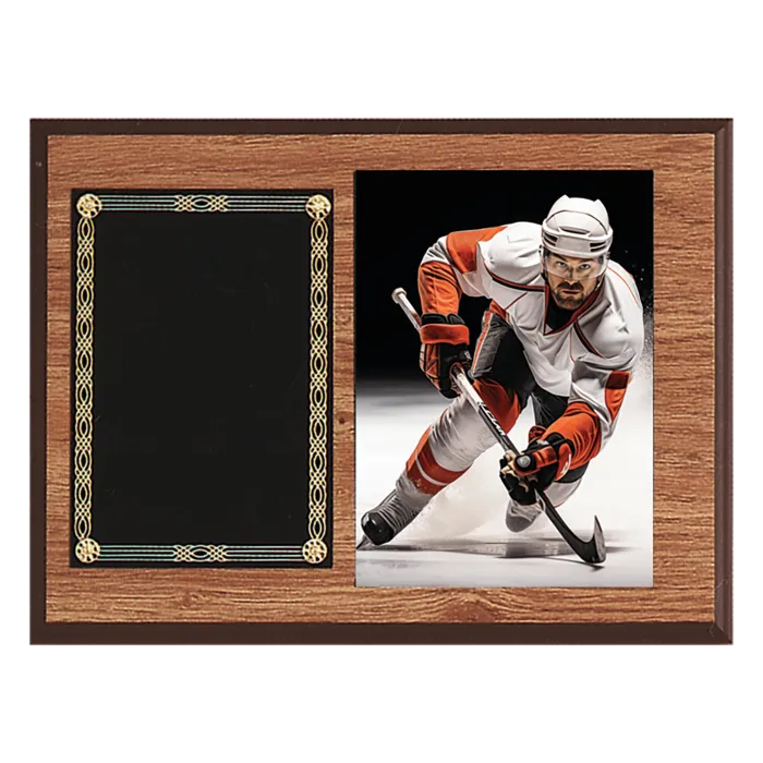 American Oak Finish Photo Plaque with Black Brass Plates-Photo Size 5" x 7"