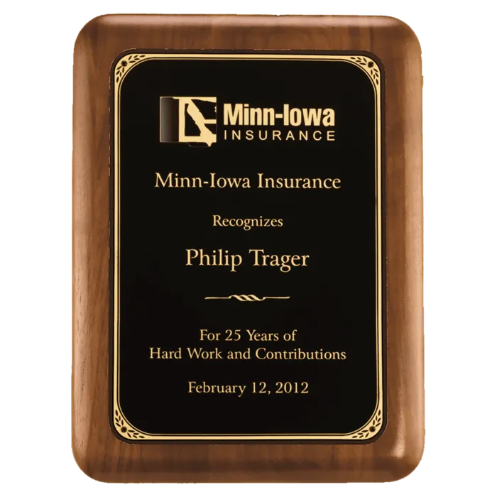 American Walnut Plaque with Gold Border Laserable Black Brass Plate