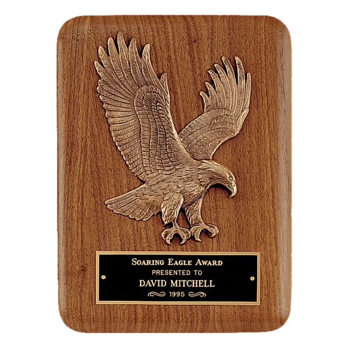 Solid American Walnut Plaque with Finely Detailed Eagle Relief and Black Laserable Brass Plate