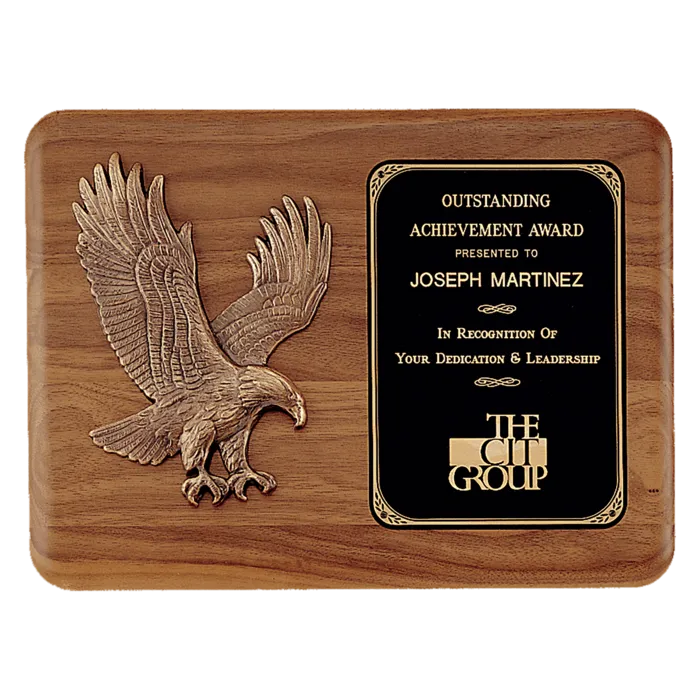 Solid American Walnut Plaque with Sculptured Relief Eagle Casting and Laser Engravable Black Brass Plate