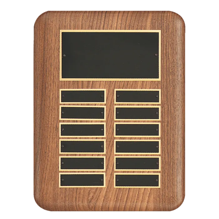 American Walnut 12 Plate Perpetual Plaque with Black Brass Header Plate (7/8" x 2 3/4" plates)