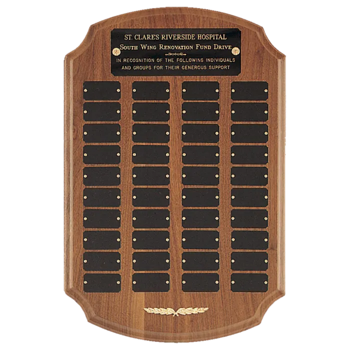 American Walnut 40 Plate Perpetual Plaque with Black Brass Plates/Gold Trim (1" x 2" plates)