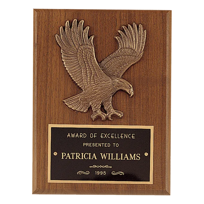 Sculptured Relief Eagle Casting and Laser Engravable Black Plate on an American Walnut Plaque