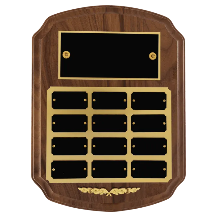 American Walnut 12 Plate Perpetual Plaque with Black Brass Plates/Gold Trim (1" x 2" plates)
