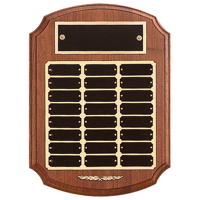 American Walnut 24 Plate Perpetual Plaque with Black Laserable Brass Plates/Gold Trim