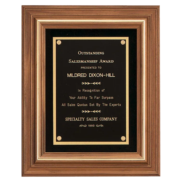 American Walnut Framed Plaque w/Gold Trim & Black Velour Back, Black Brass Plate