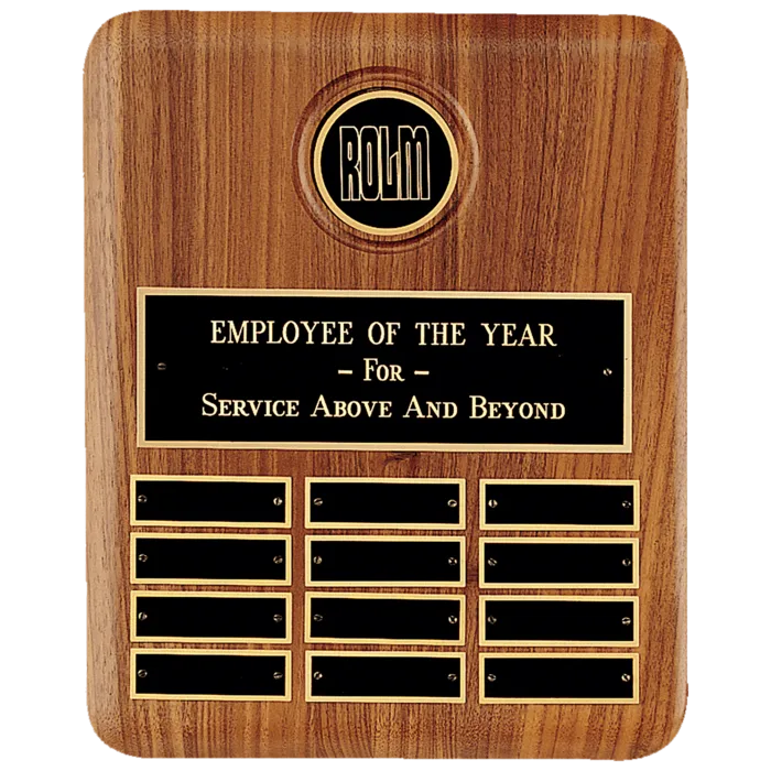 American Walnut 12 Plate Perpetual Plaque w/2 1/2" Black Brass Disc, Brass Plate