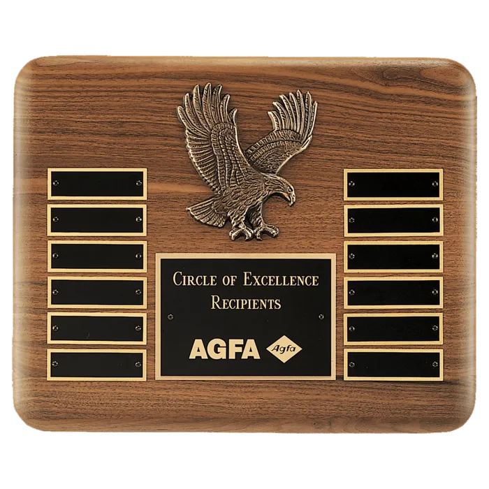 Solid American Walnut Plaque with Finely Detailed Antique Bronze Eagle Casting and Black LaserFX Header and 12 Perpetual Plates