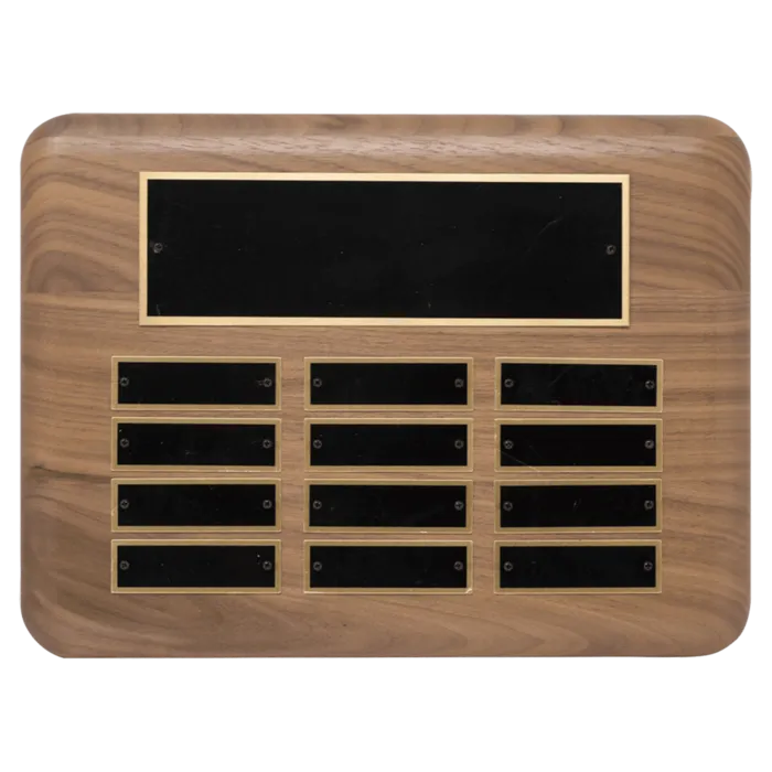 American Walnut 12 Plate Perpetual Plaque with Black Brass Plated Steel Plates (7/8" x 2 3/4" plates)