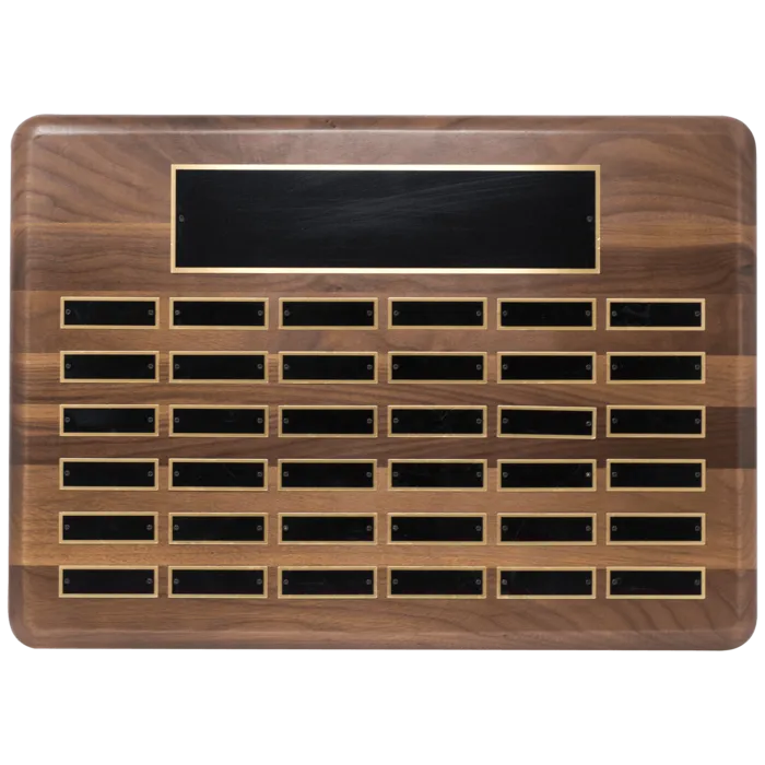 American Walnut 36 Plate Perpetual Plaque with Black Brass Plated Steel Plates (7/8" x 2 3/4" plates)