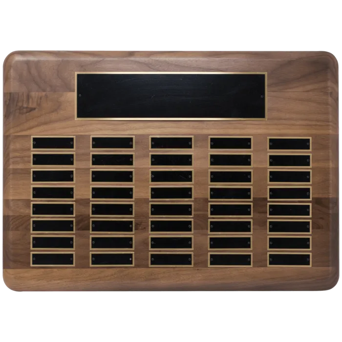 American Walnut 40 Plate Perpetual Plaque with Black Brass Plated Steel Plates (7/8" x 2 3/4" plates)