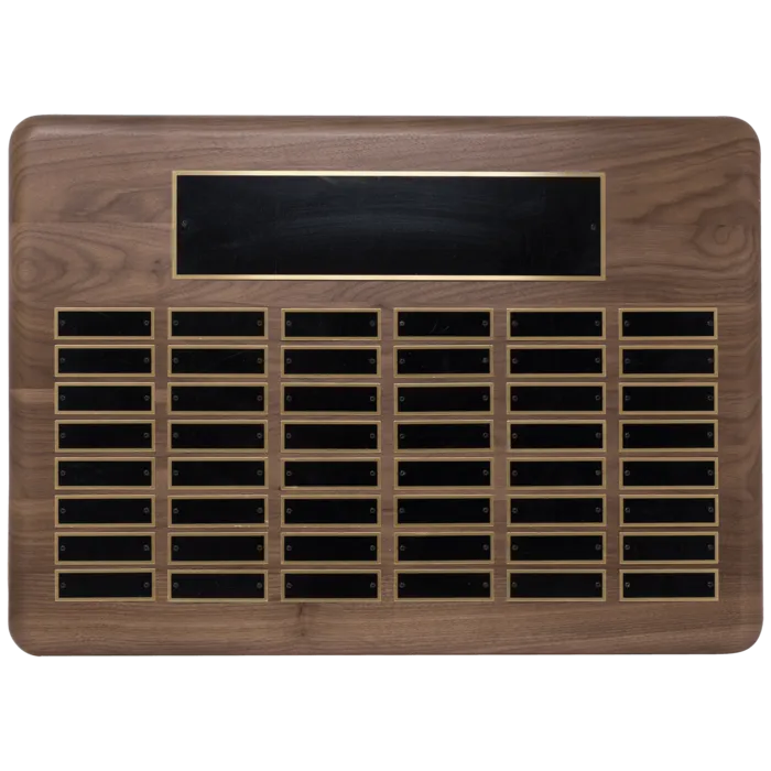 American Walnut 48 Plate Perpetual Plaque with Black Brass Plated Steel Plates (7/8" x 2 3/4" plates)