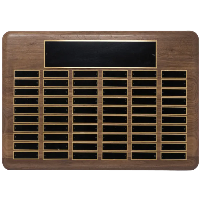 American Walnut 60 Plate Perpetual Plaque with Black Brass Plated Steel Plates (7/8" x 2 3/4" plates)