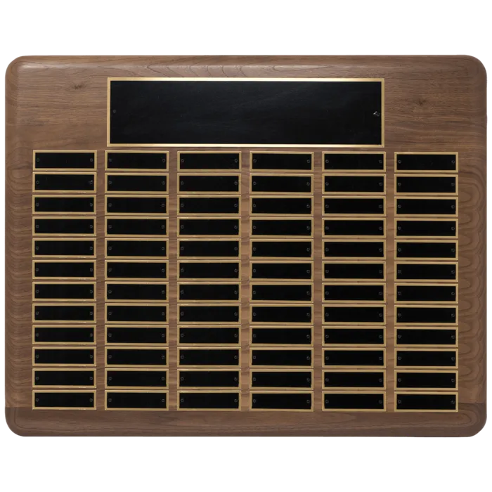 American Walnut 80 Plate Perpetual Plaque with Black Brass Plated Steel Plates (7/8" x 2 3/4" plates)