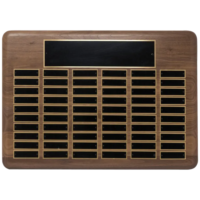 American Walnut 96 Plate Perpetual Plaque with Black Brass Plated Steel Plates (7/8" x 2 3/4" plates)