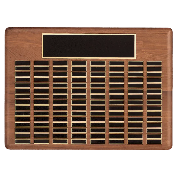 American Walnut 144 Plate Perpetual Plaque with Black Brass Plated Steel Plates (7/8" x 2 3/4" plates)