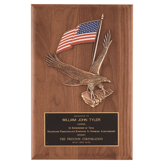 Solid American Walnut Plaque with Finely Detailed Eagle with American Flag Relief and Black Laserable Brass Plate