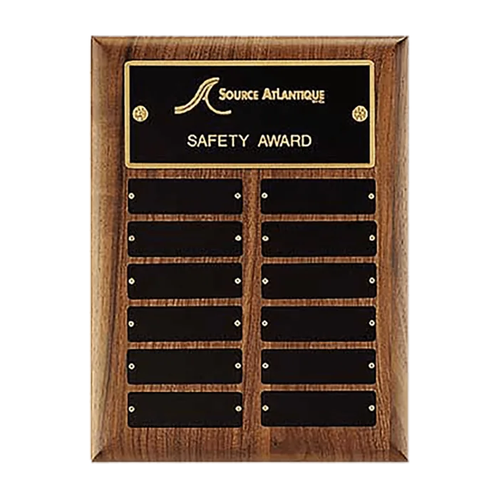 American Walnut 12 Plate Perpetual Plaque with Black Brass Plates (1" x 3 1/4" plates)