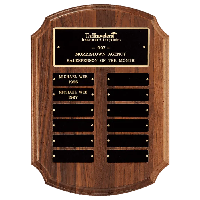 American Walnut 12 Plate Perpetual Plaque with Black Brass Plates