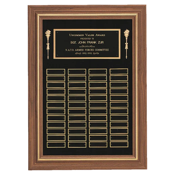 American Walnut 36 Plate Perpetual Plaque with Black Brass Plates (7/8" x 2 3/4" plates)