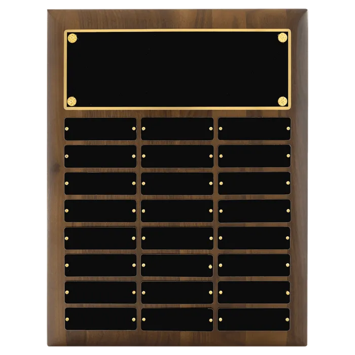 American Walnut 24 Plate Perpetual Plaque with Black Brass Plates (1" x 3 1/4" plates)