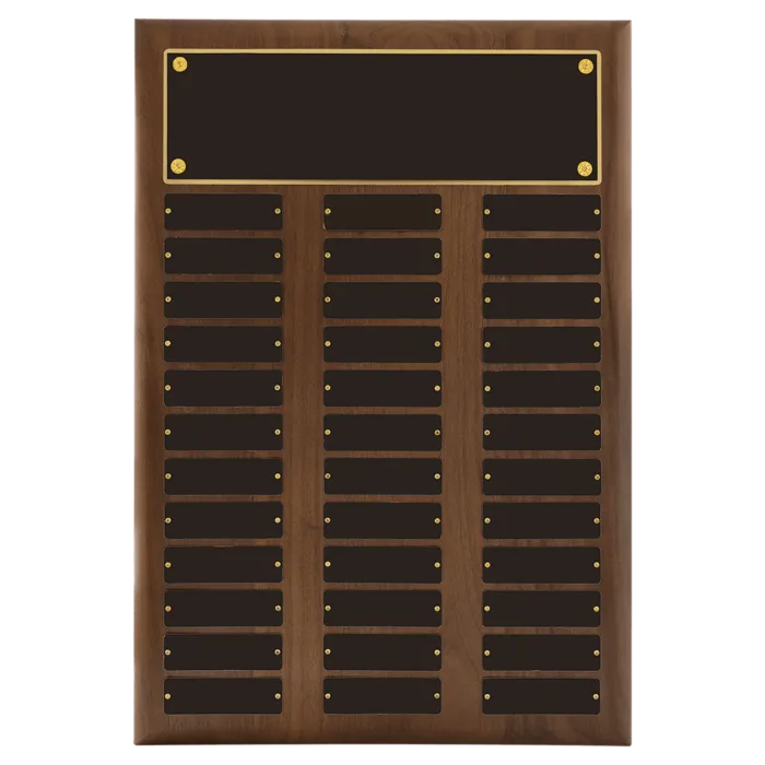 American Walnut 36 Plate Perpetual Plaque with Black Brass Plates (1" x 3 1/4" plates)