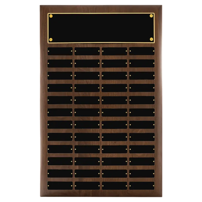American Walnut 48 Plate Perpetual Plaque with Black Brass Plates (1" x 3 1/4" plates)