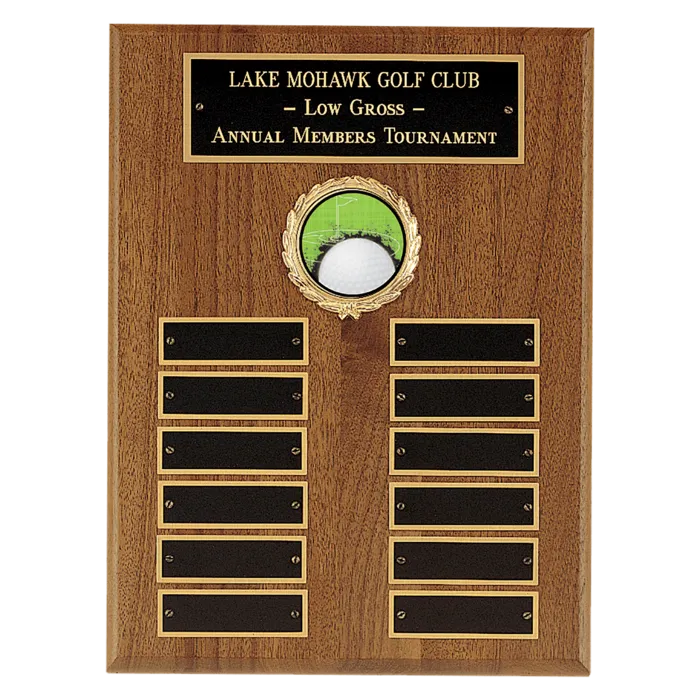 American Walnut Perpetual Plaque with 12 Gold Border Black Laserable Brass Plates and 2" Insert Holder- Witney Series