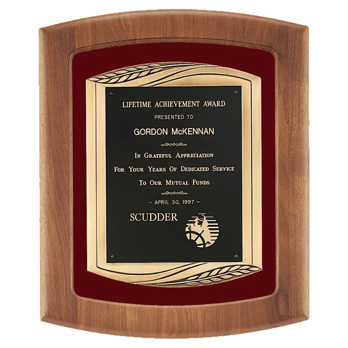 American Walnut Frame with Maroon Velour Background and Black Laser Engravable Plate in an Antique Bronze Finished Frame Casting
