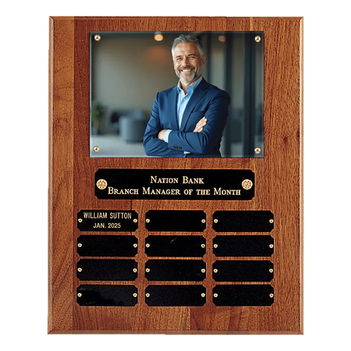 American Walnut 12 Plate Photo Plaque w/Black Brass Plates-Holds 5" x 7" Photo