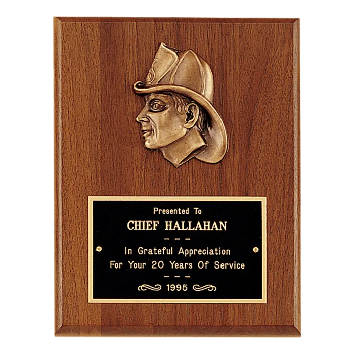American Walnut Plaque with Firefighter Relief and Black Brass Plate
