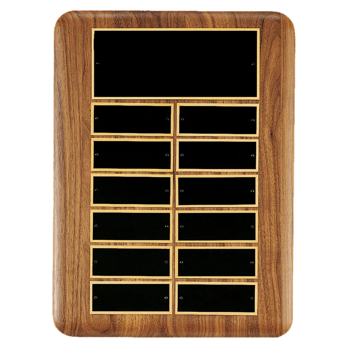 American Walnut 12 Plate Perpetual Plaque with Black Brass Header Plate (1 1/2" x 3 3/4" plates)