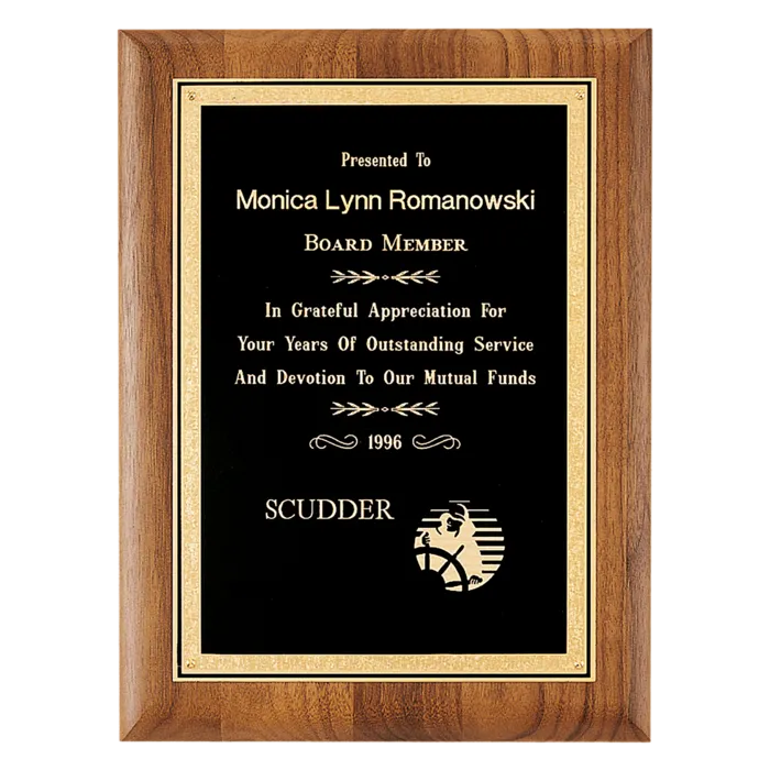 Coventry Series American Walnut Plaque with Gold Florentine Border Textured Black LaserFX Plate