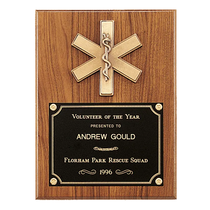 Walnut Plaque with Gold EMT Star of Life and Black Brass Plate