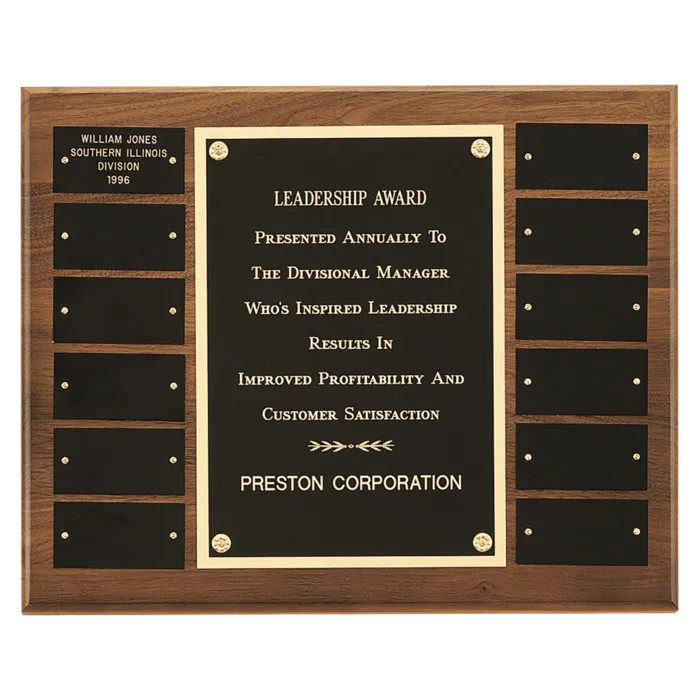 American Walnut 12 Plate Perpetual Plaque with Black Brass Plates (1 1/2" x 3" plates)