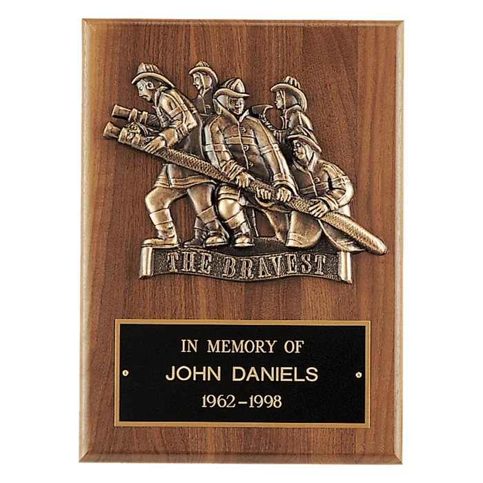 American Walnut Plaque, Bronze Cast Fire Department "Bravest" with Black Brass Plate
