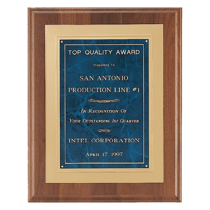 American Walnut Step Edge Plaque with Sapphire Marble Gold Framed LaserFX Plate