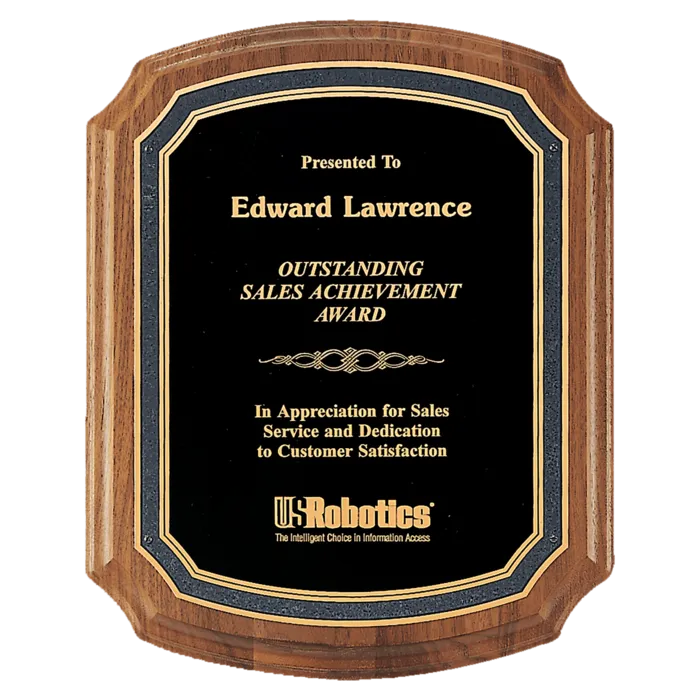 American Walnut Plaque with Black/Gold Florentine Border Textured Black Plate