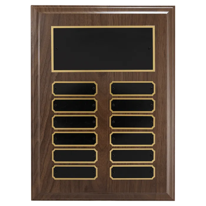 Walnut Step-Edge 12 Plate Perpetual Plaque with Black Brass Plate (7/8" x 2 3/4" plates)