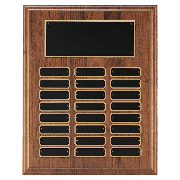 Walnut Step-Edge 24 Plate Perpetual Plaque with Black Brass Plate