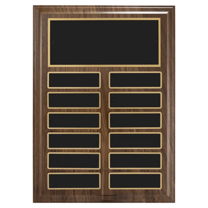 Walnut Step-Edge 12 Plate Perpetual Plaque with Black Brass Plate (1" x 3 1/4" plates)