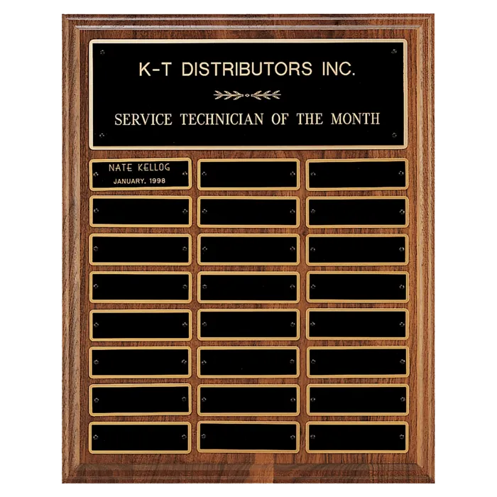 Walnut Step-Edge 24 Plate Perpetual Plaque with Black Brass Plate (1" x 3 1/4" plates)