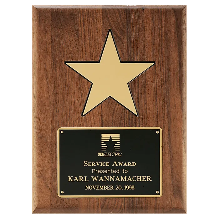 Gold Aluminum Star on a Solid Walnut Plaque with Black Recessed Area and Black LaserFX Plate